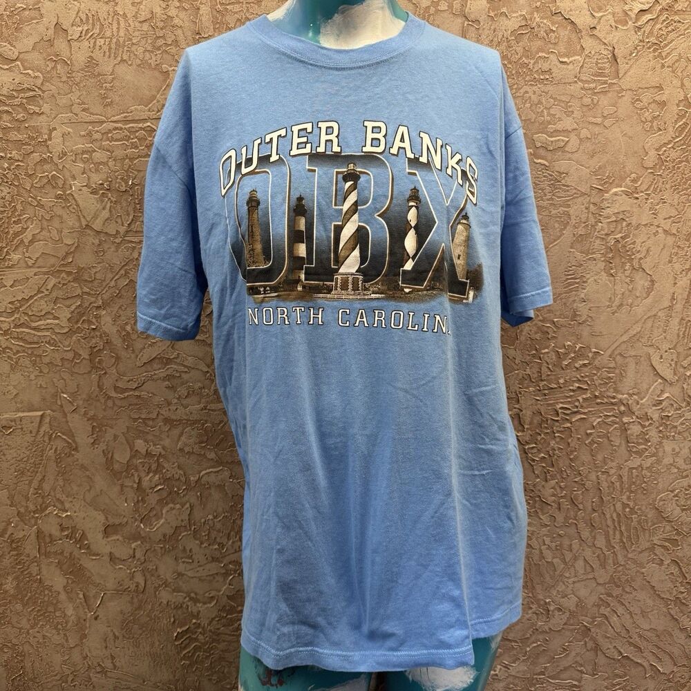 Outer Banks OBX North Carolina T-Shirt XL Blue Lighthouses Anvil 100% Cotton